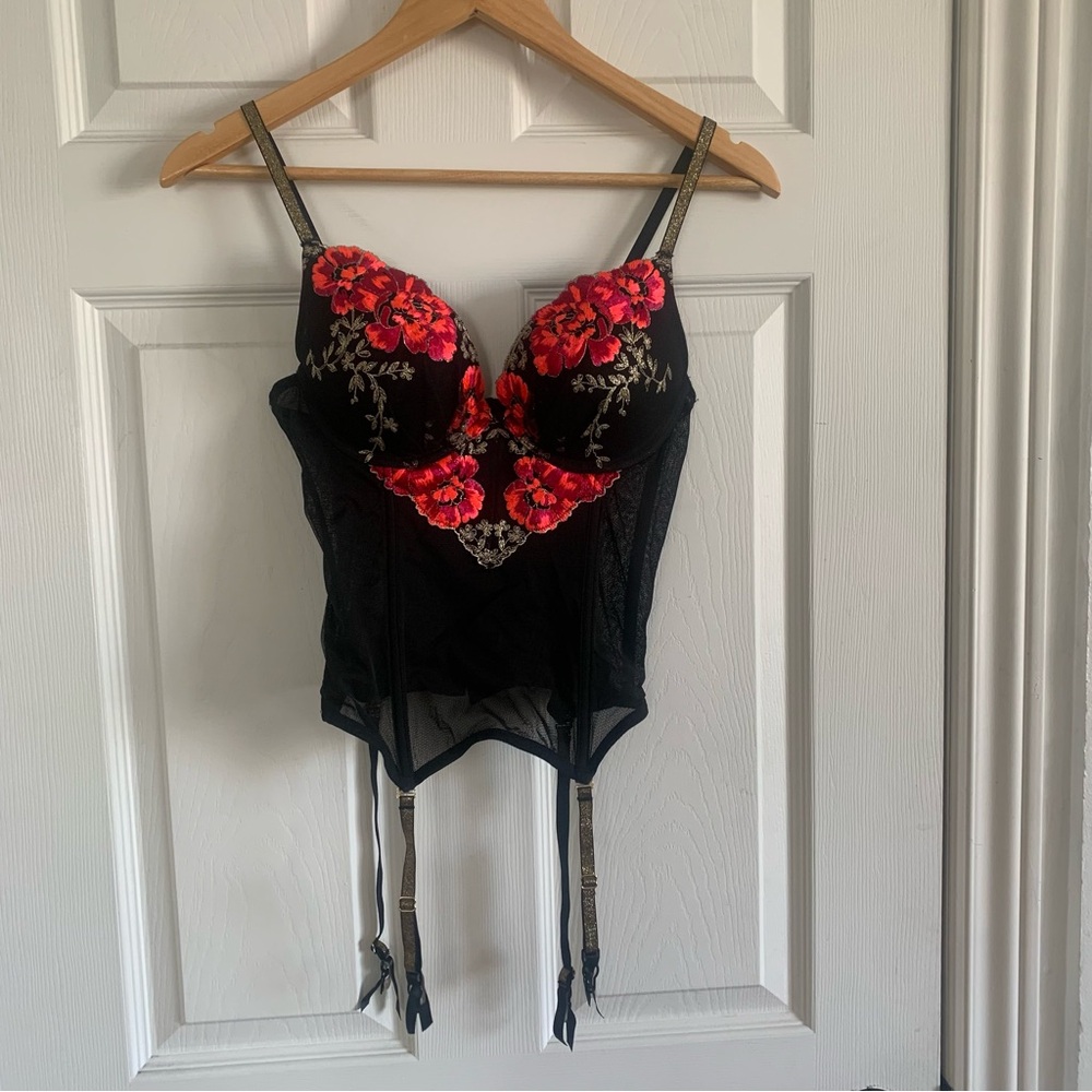 Victoria’s Secret Black Sheer and Red Floral Bustier Corset